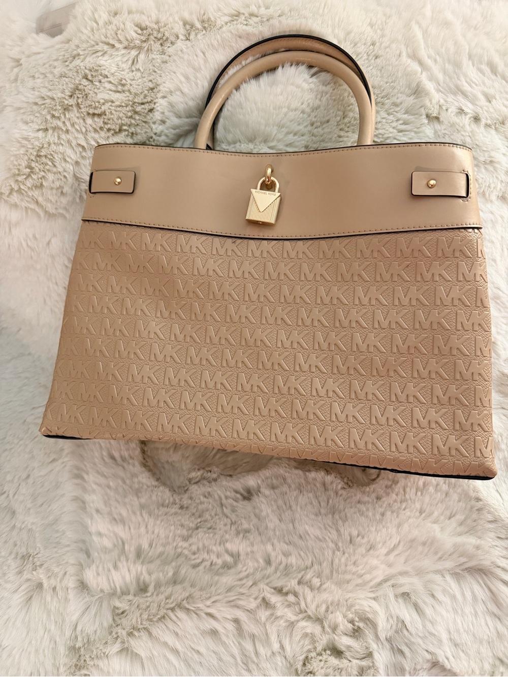 Michael Kors Nude/Tan MK Embossed Satchel with Gold Accent